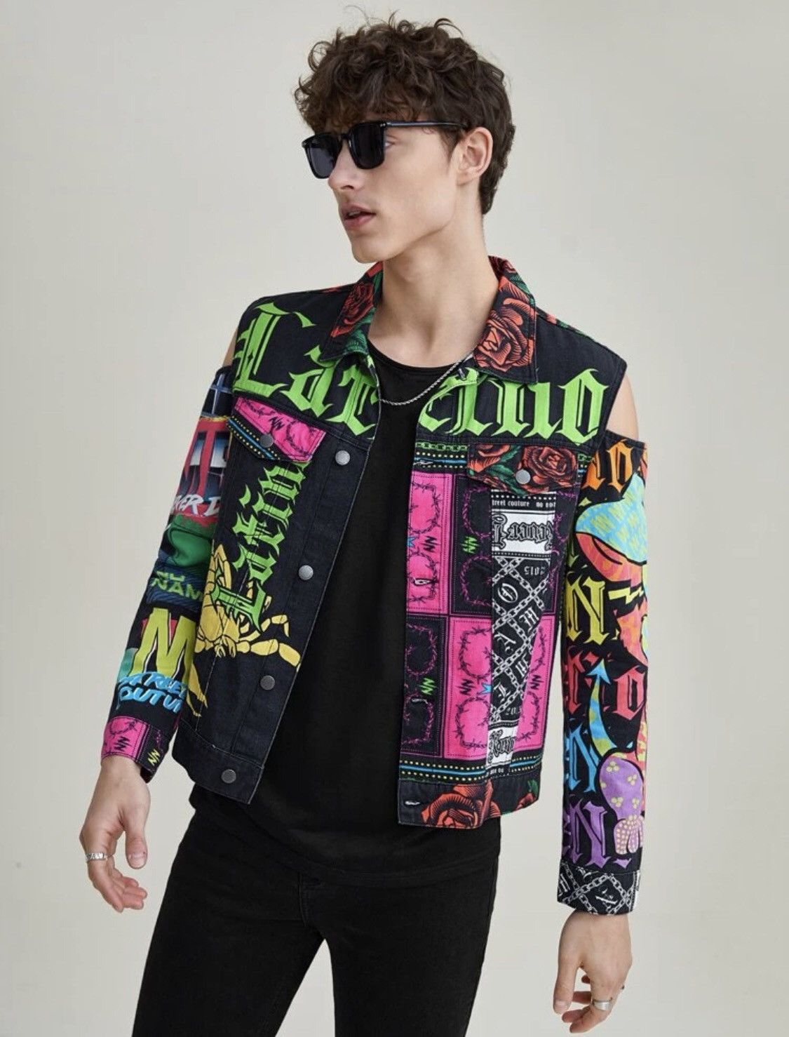 Floral & Letter Graphic Cold Shoulder Denim Jacket