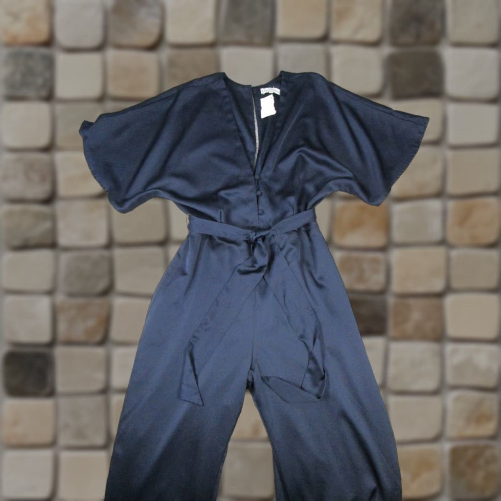 Karina Grimaldi Karina Grimaldi Isabeli Jumpsuit Women Small Blue Satin Wrap V-Neck Button Wide-Leg One-Piece Casual Party/Cocktail Travel New Size 28" / US 6 / IT 42 - 1 Thumbnail