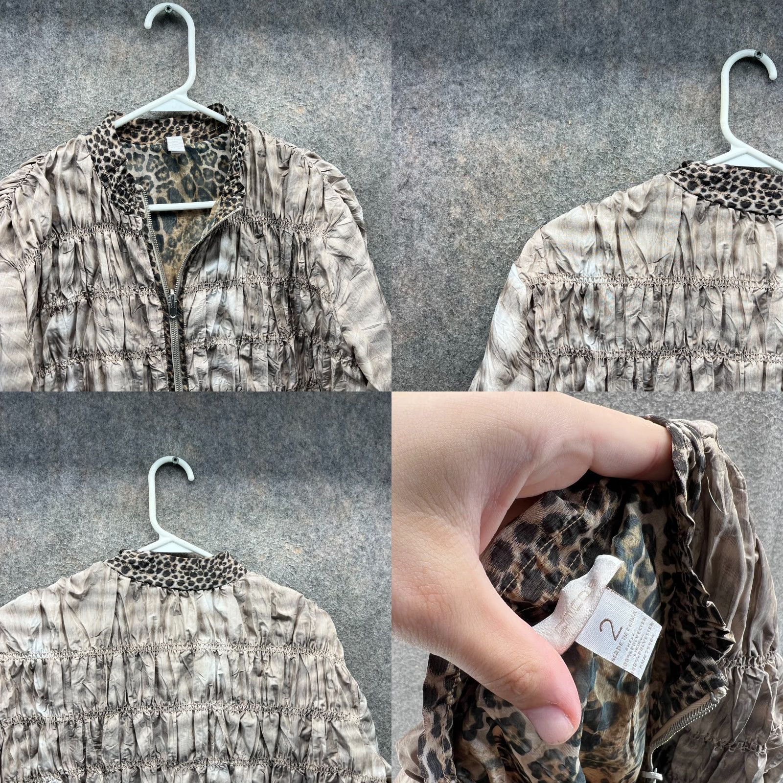 Vintage Chicos Jacket Womens Large Brown Ruched Zip Front Leopard Print Trim Bomber Size L / US 10 / IT 46 - 8 Thumbnail