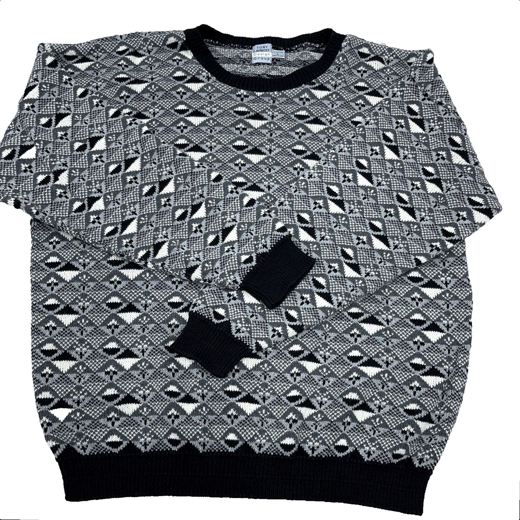 Vintage VINTAGE Tony Lambert Sweater Men L Black Gray Knit Geometric 90s Pullover Crew Neck Embroidered Logo Size US L / EU 52-54 / 3 - 2 Thumbnail