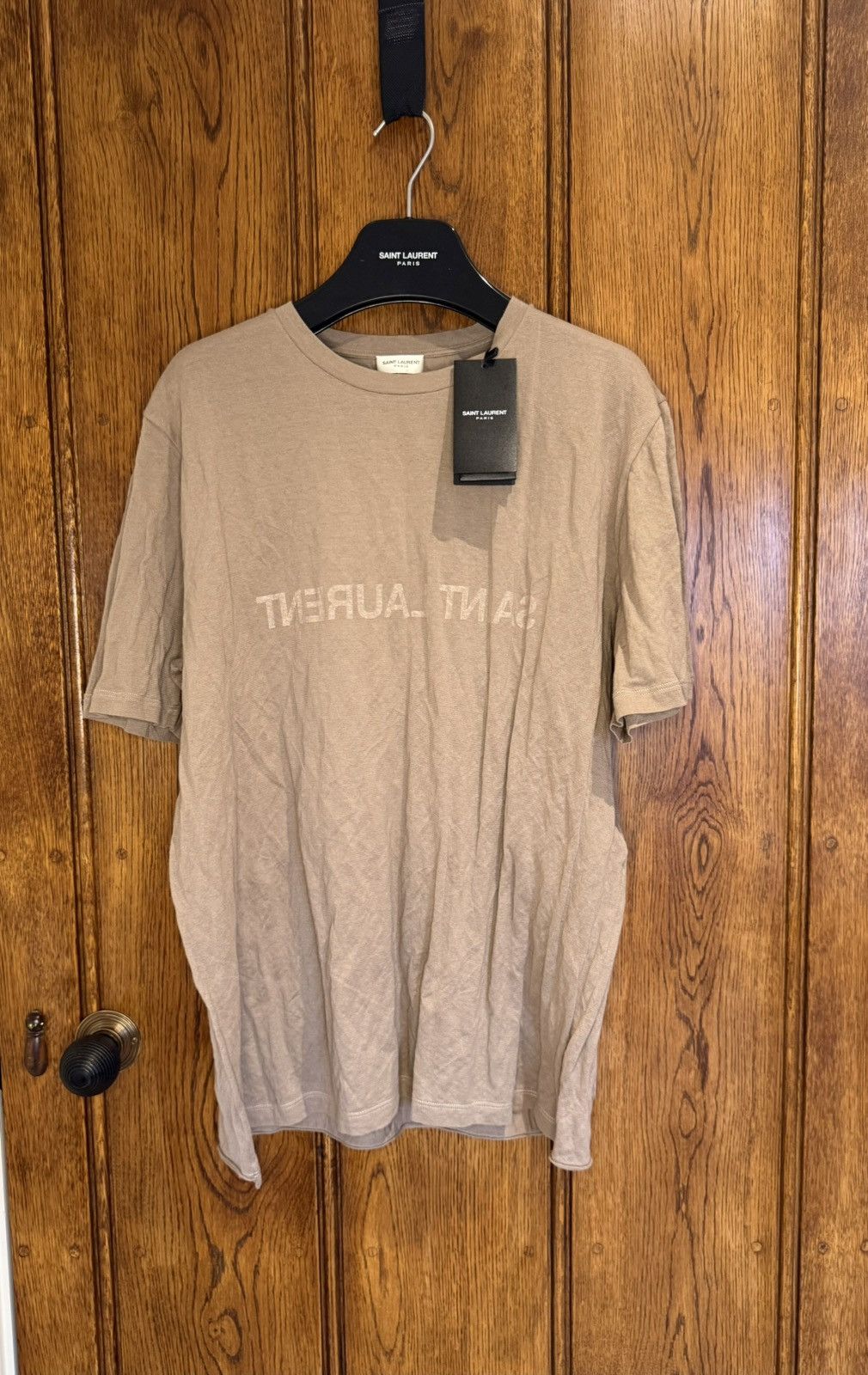Saint Laurent Paris $620 ss23 Saint Laurent reverse logo khaki t shirt L Size US L / EU 52-54 / 3 - 1 Thumbnail