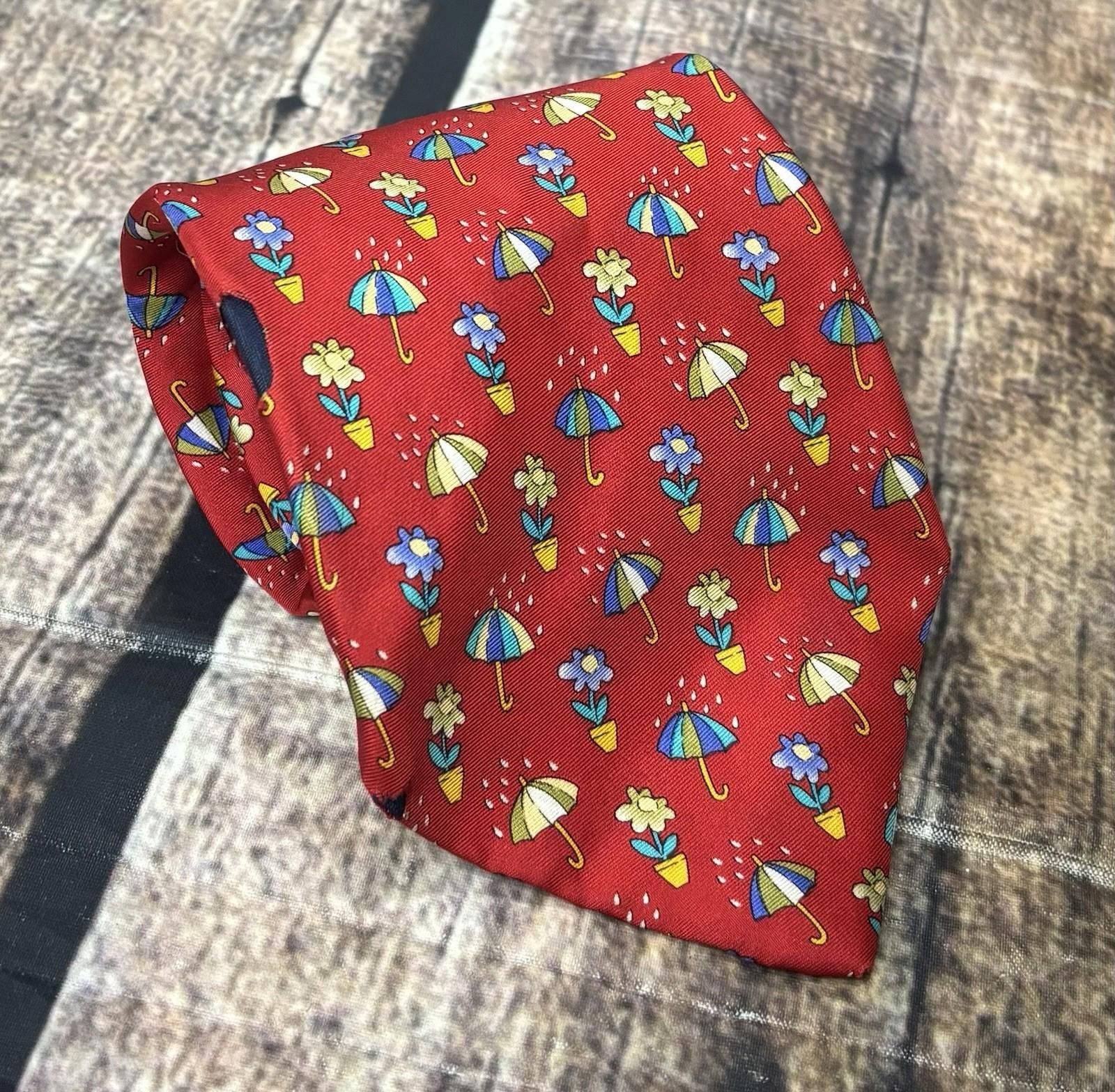 Burberry VTG Burberrys Silk Neck Tie Mens Umbrella Flower Red USA Size ONE SIZE - 1 Thumbnail