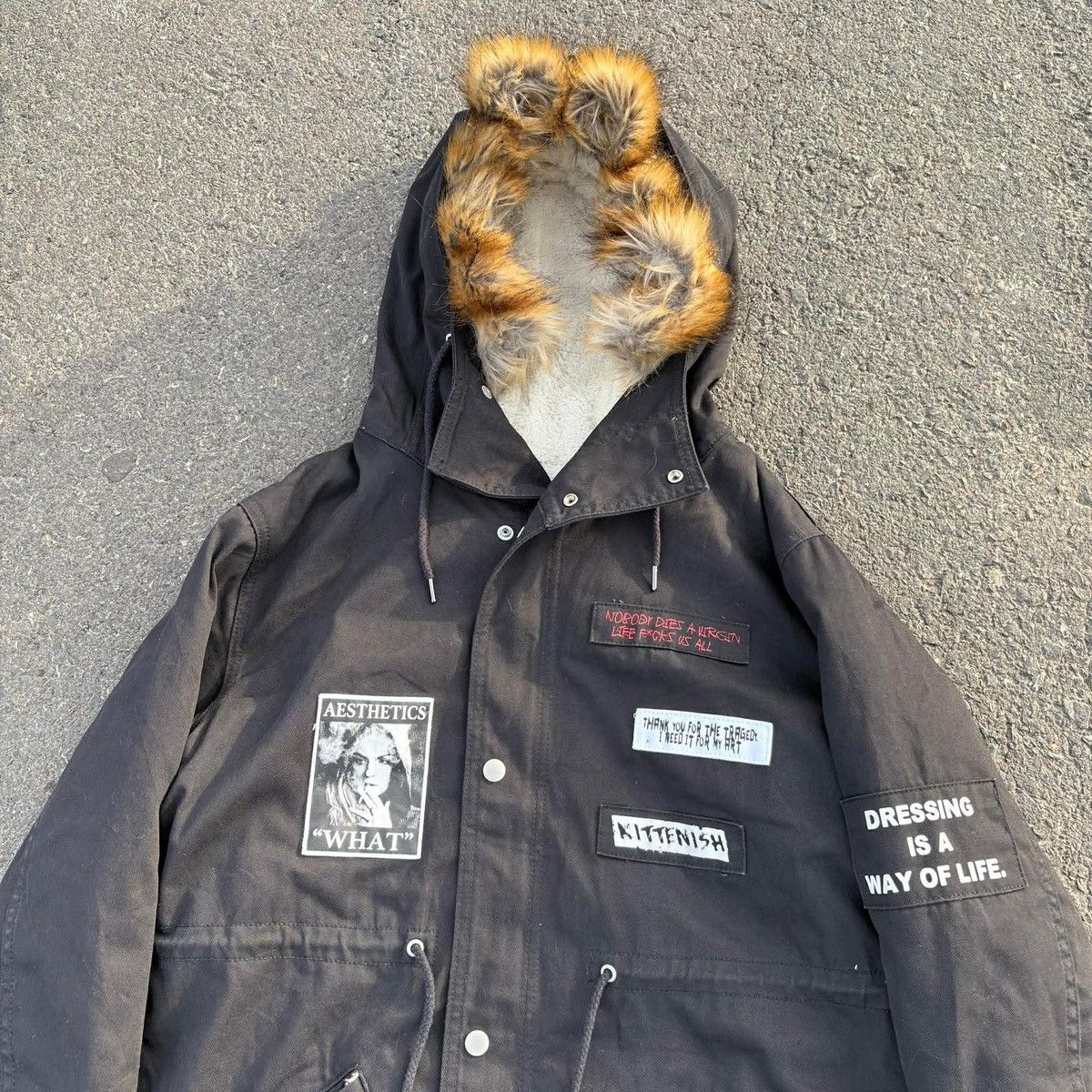 Japanese Brand RINGS Black Patchwork Fishtail Parka Jacket Fur Hood Y2K Size US L / EU 52-54 / 3 - 8 Thumbnail