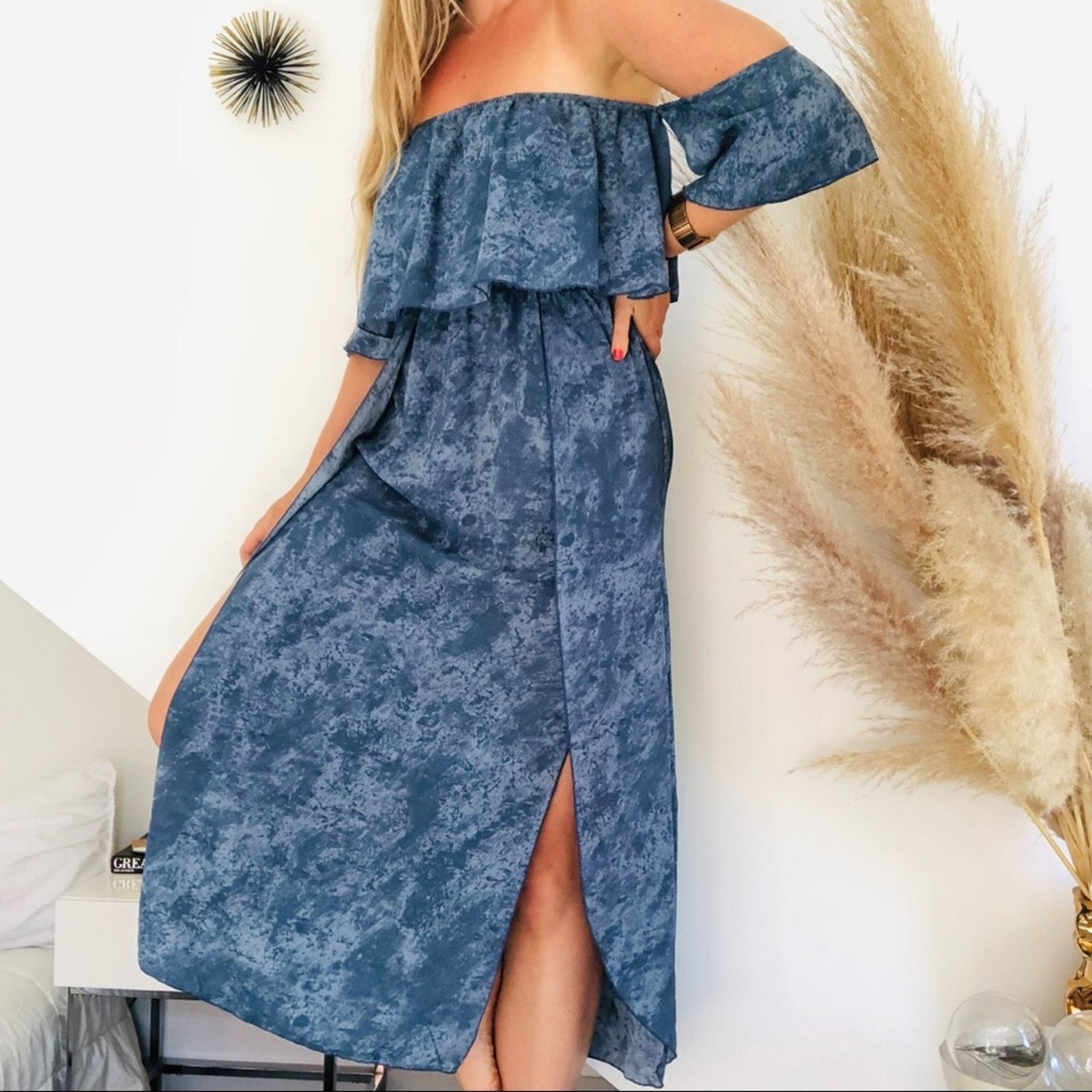 Nordstrom I JOAH Blue White Tube Off Shoulder Ruffle Slit Maxi Dress Size M / US 6-8 / IT 42-44 - 1 Thumbnail