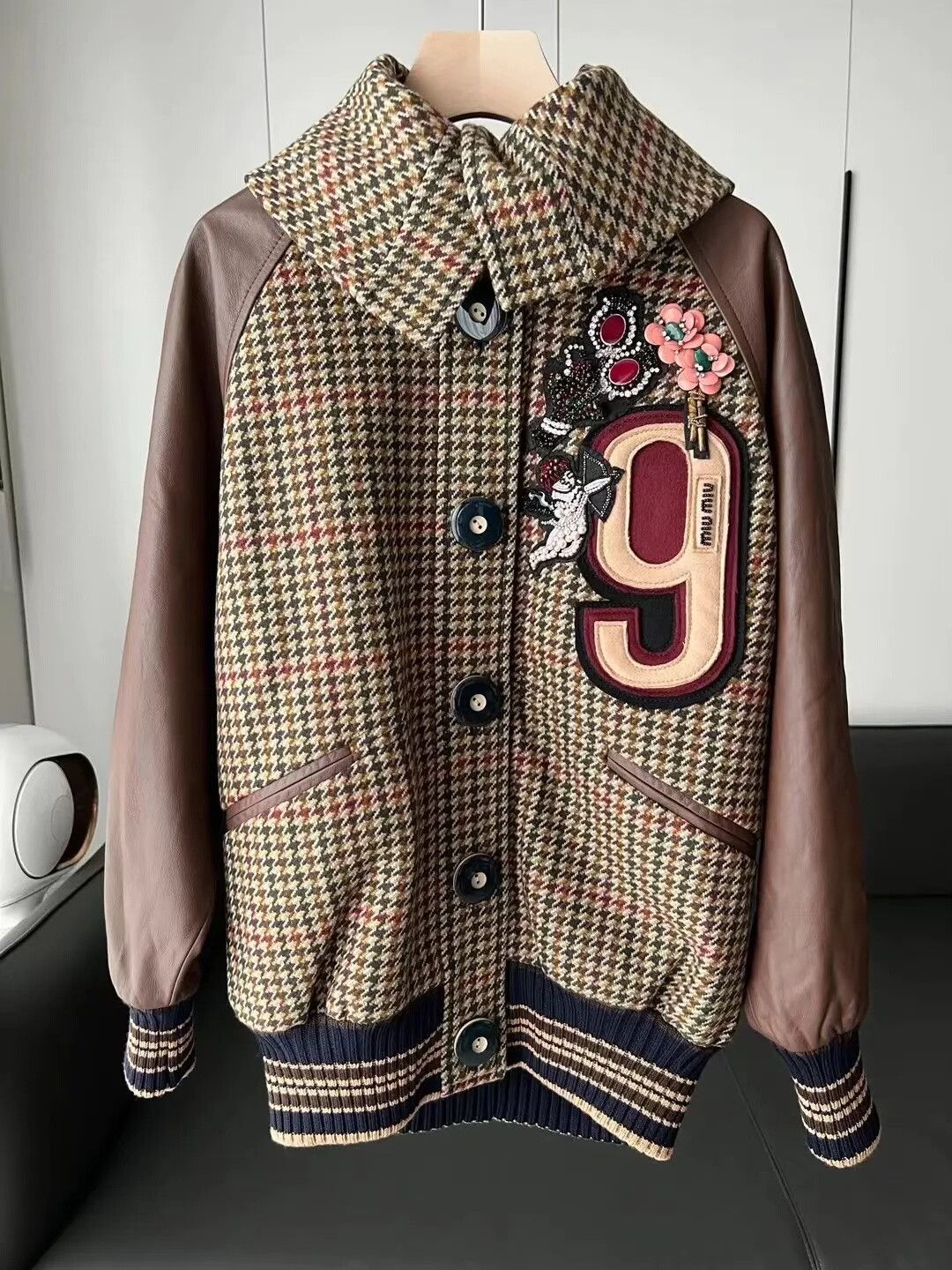 Miu Miu Miu Miu Houndstooth Leather Trim Long Coat Size XS / US 0-2 / IT 36-38 - 1 Thumbnail