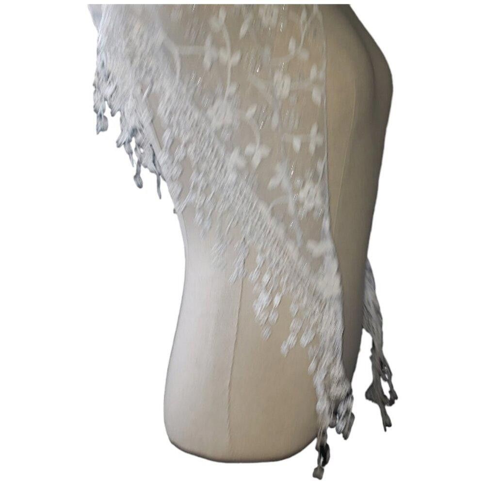 Designer CT1587 White Sheer Embroidered Handmade Shawl Size ONE SIZE - 3 Thumbnail