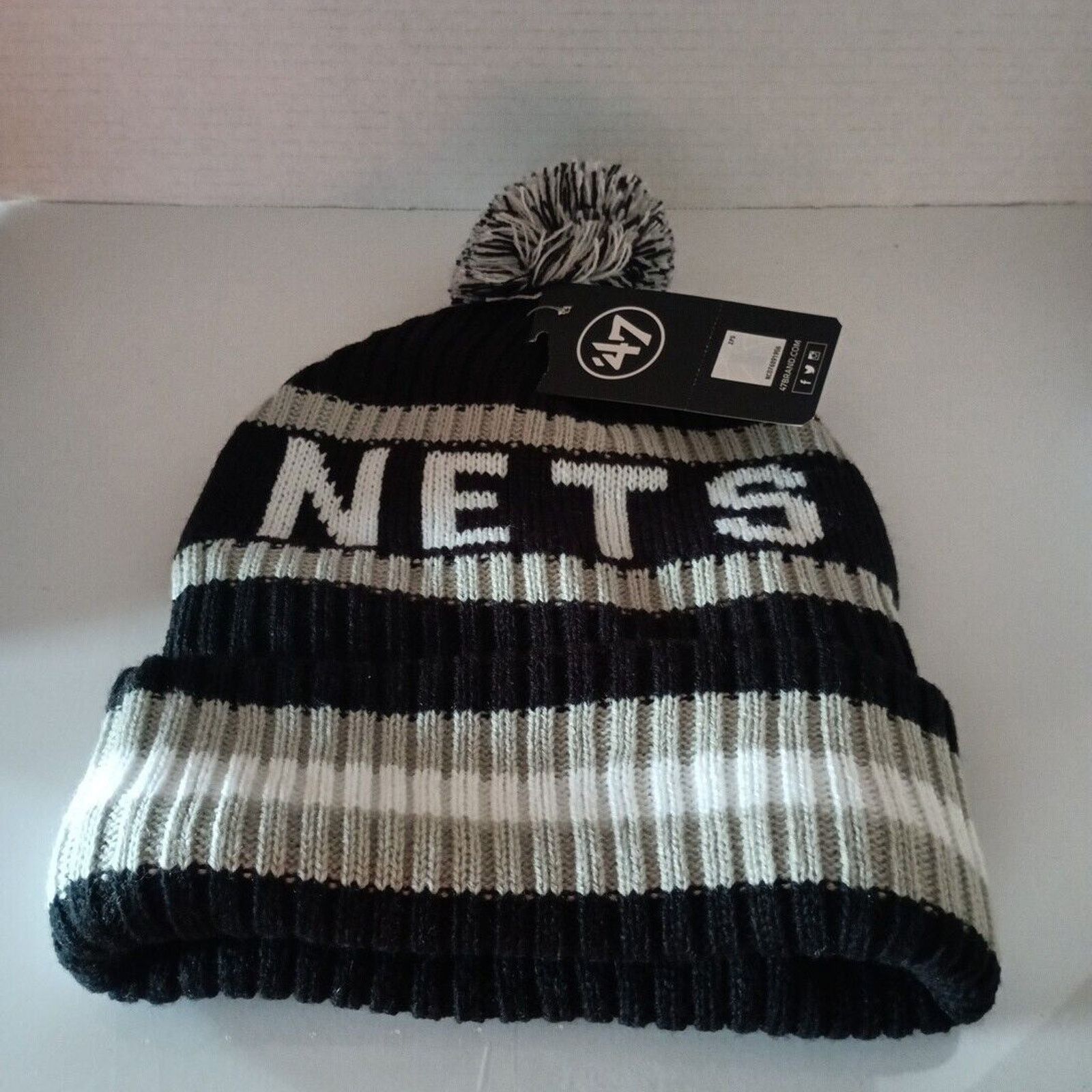47 Brand Brooklyn Nets Knit Beanie Hat NFL Men's Black Gray With Pom Size ONE SIZE - 2 Thumbnail