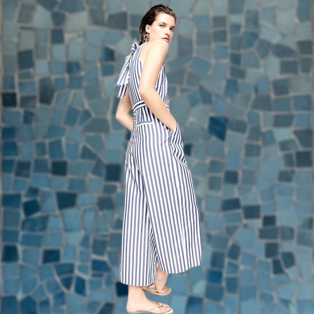 J.Crew J. Crew Blue White Striped Halter Jumpsuit H7371 Women's Size 00 NWT Size 24" / US 00 / IT 34 - 1 Thumbnail