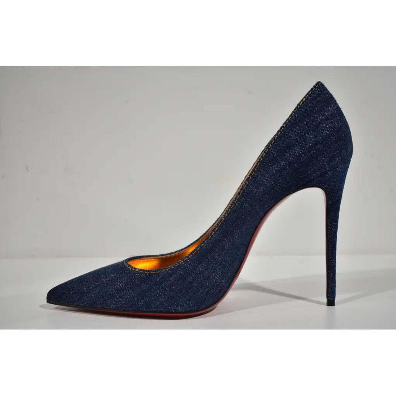 Christian Louboutin Kate 100 Blue Denim Saba Gold Stiletto Pointed Heel Pump 40 Size US 10 / IT 40 - 8 Thumbnail