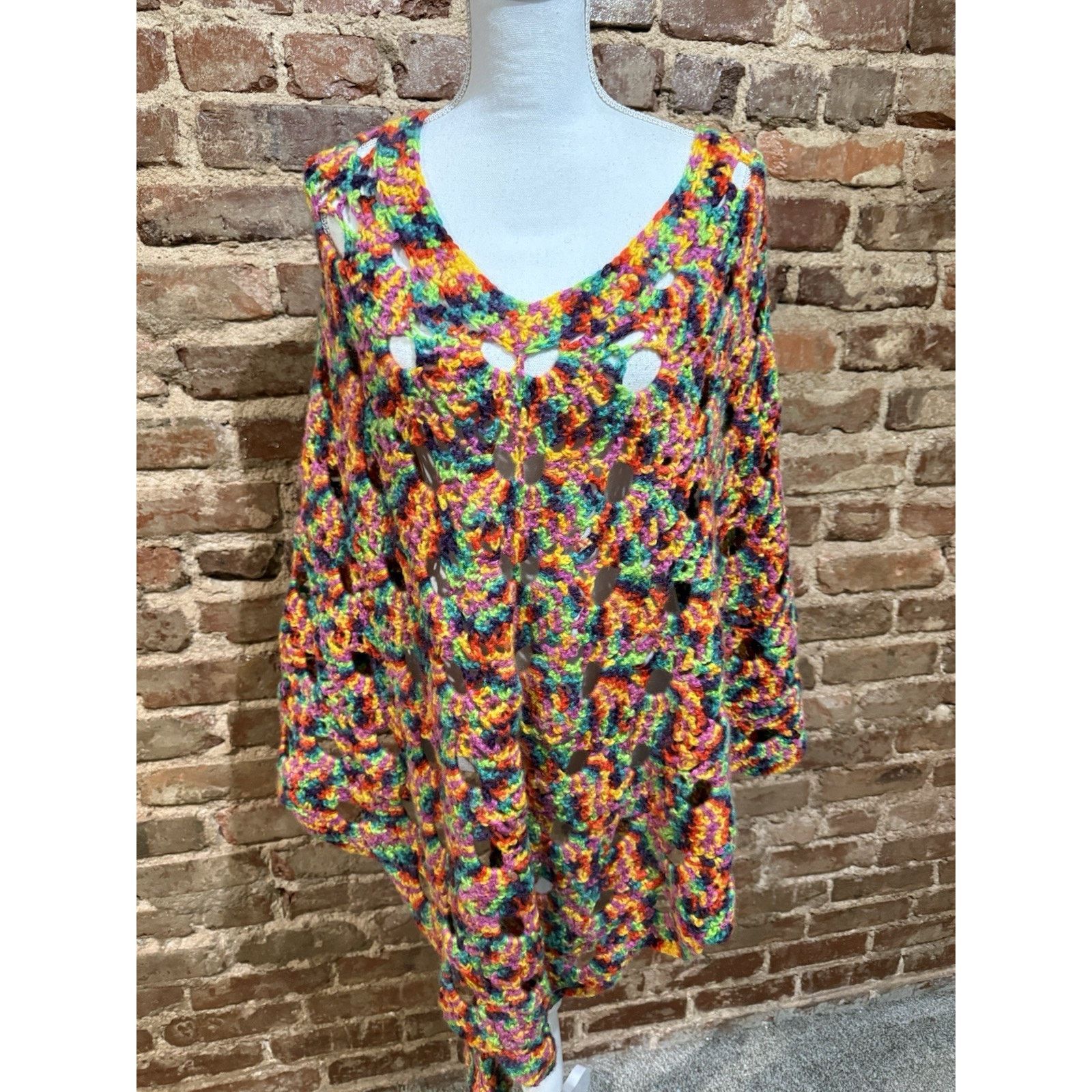 Handmade Hand crocheted poncho Multicolor Boho Fairy Hippie Festival Size ONE SIZE - 2 Thumbnail