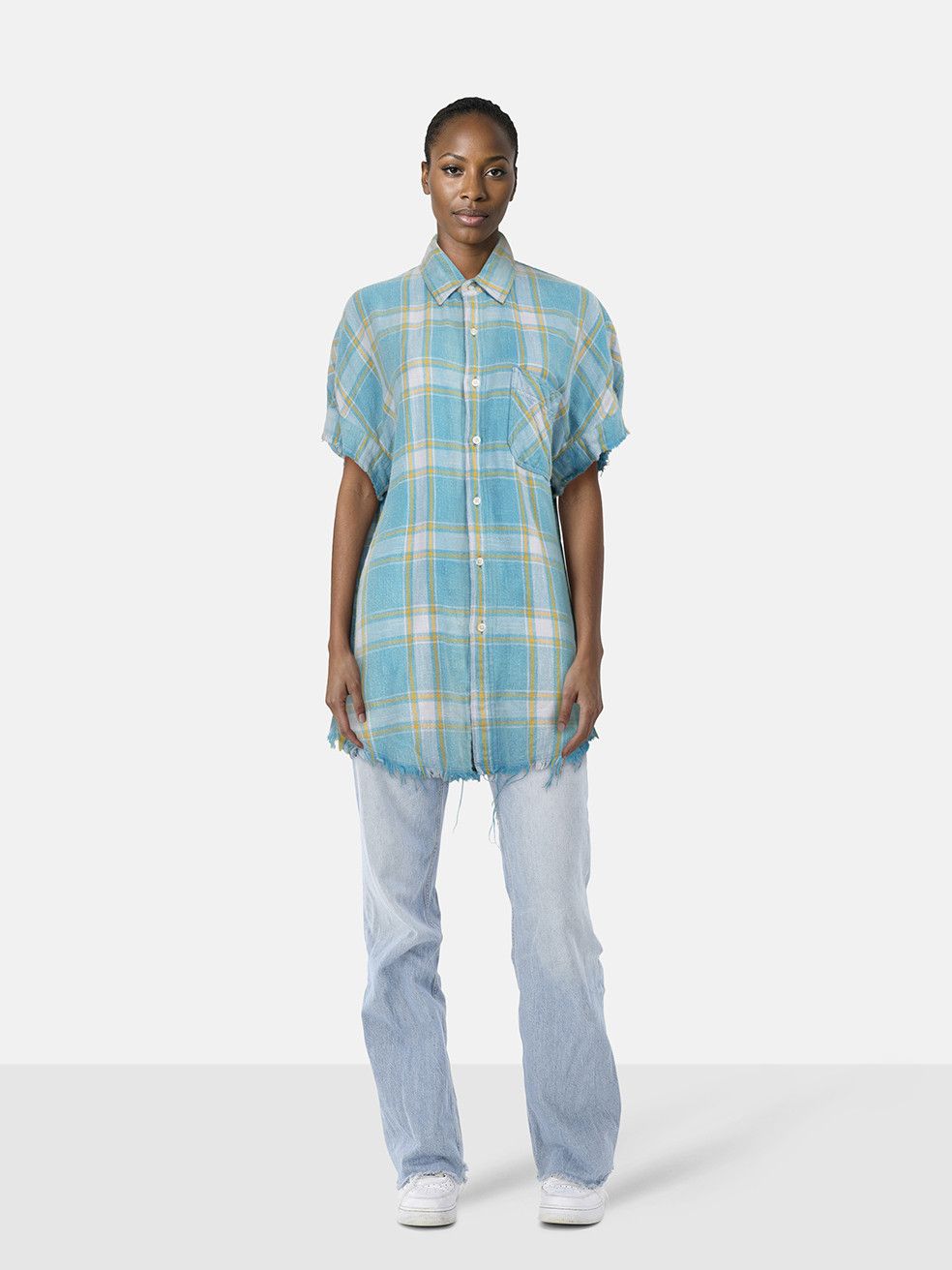 R13 Blue Tartan Distressed Flannel Shirt Size ONE SIZE - 1 Thumbnail