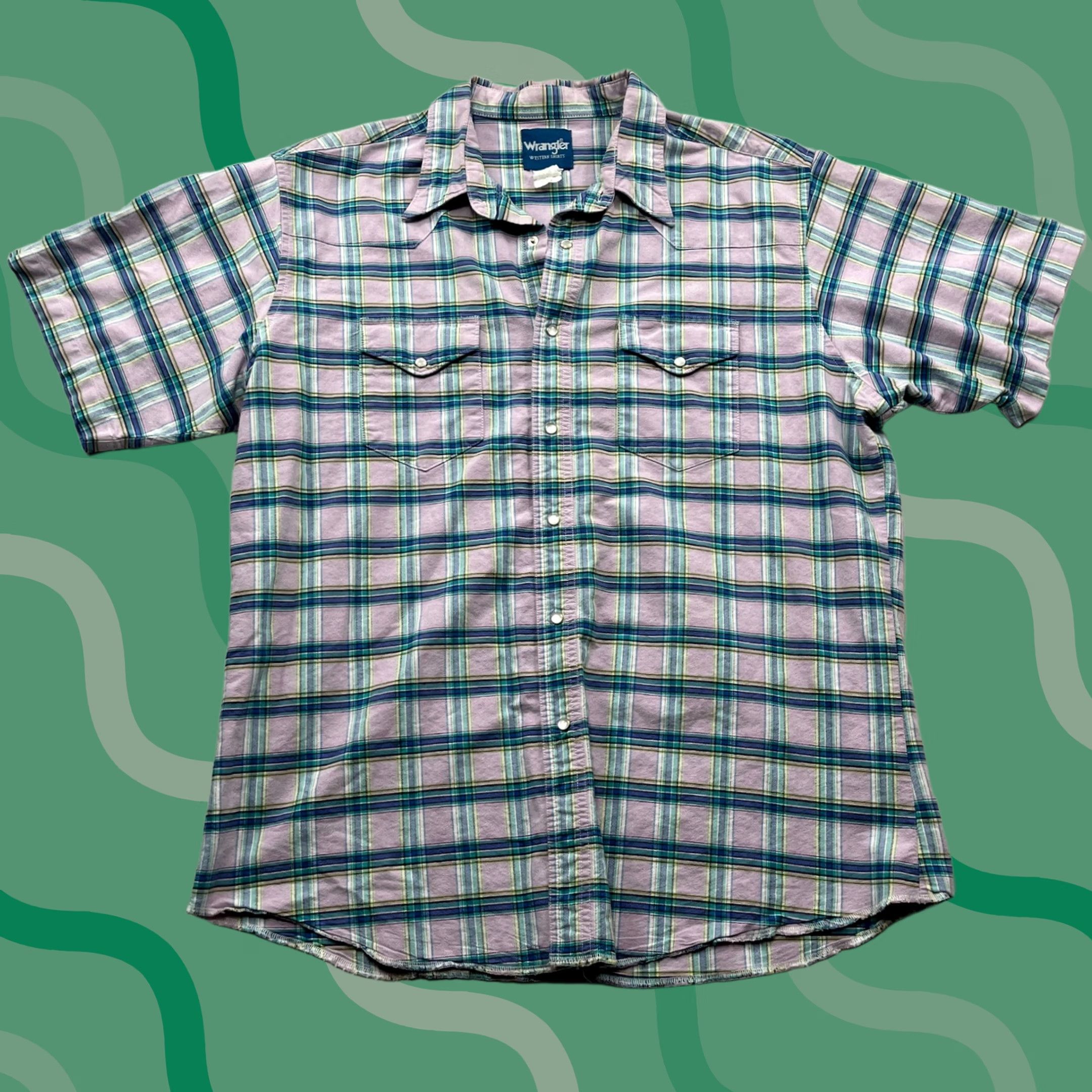 Wrangler Western Shirt Plaid Pearl Snap Short Sleeve Purple Blue Mens Large, Men's