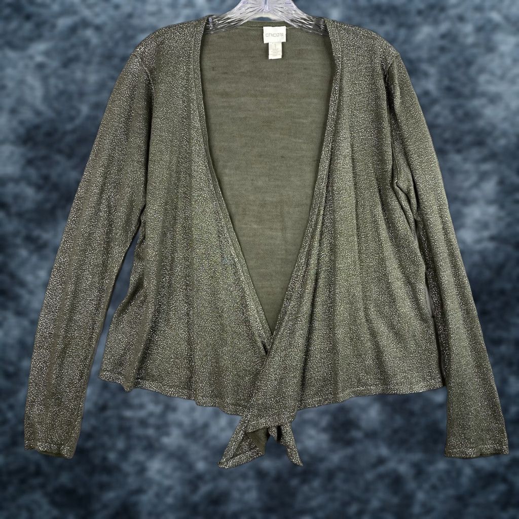 Vintage Chico's Cardigan Sweater M Green Silver Sparkly Open Front Lightweight Knit V-Neck Casual Womens Size M / US 6-8 / IT 42-44 - 1 Thumbnail