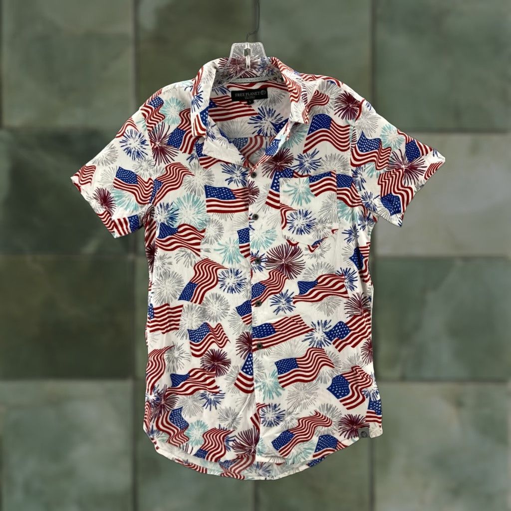 Vintage Free Planet Shirt Mens Small US Flag Fireworks Rayon Size US S / EU 44-46 / 1 - 1 Thumbnail