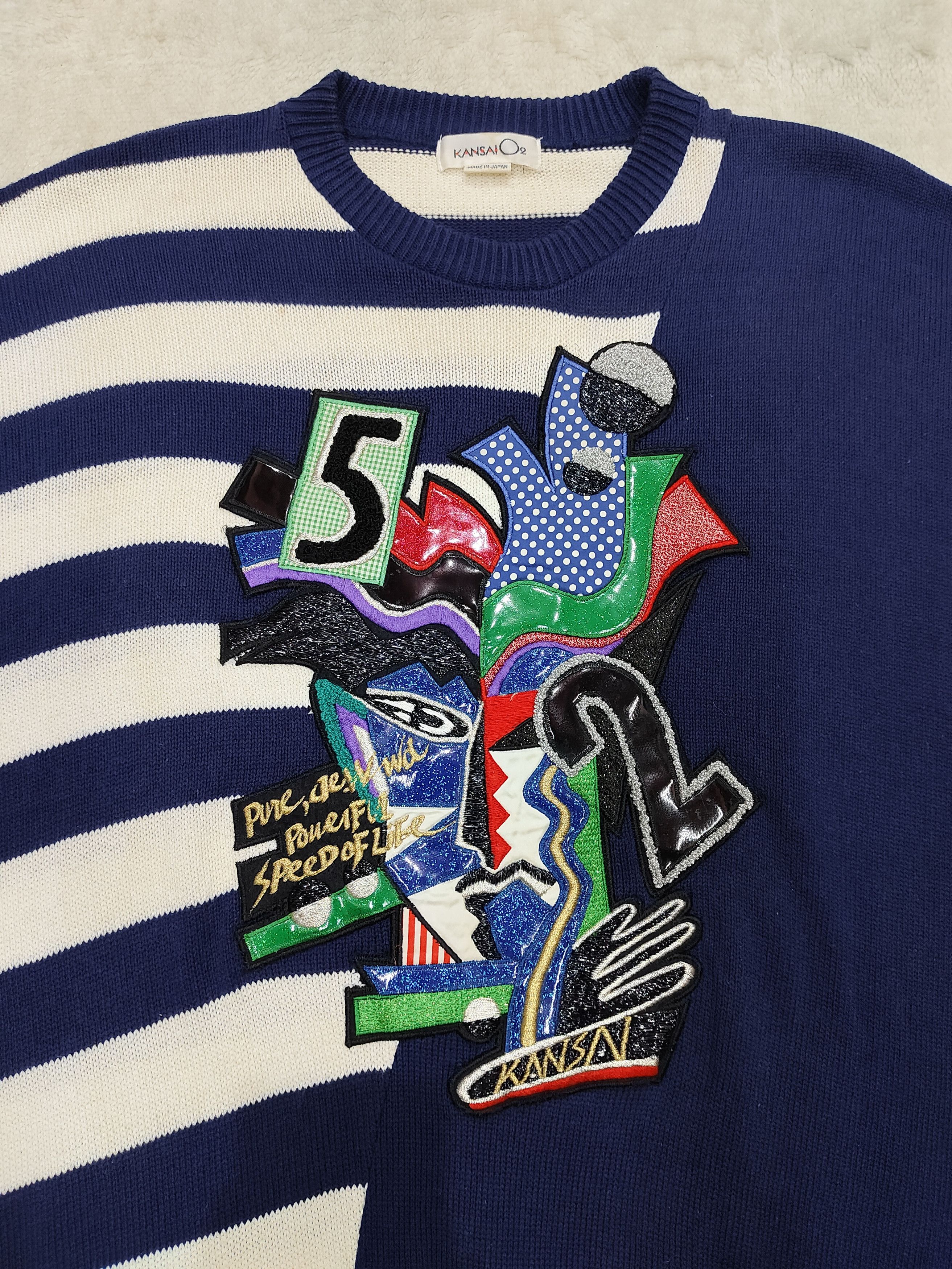 Kansai Yamamoto 80s Kansai O2-Archive Asymmetric Stripe Applique Knit Sweate Size US L / EU 52-54 / 3 - 5 Thumbnail