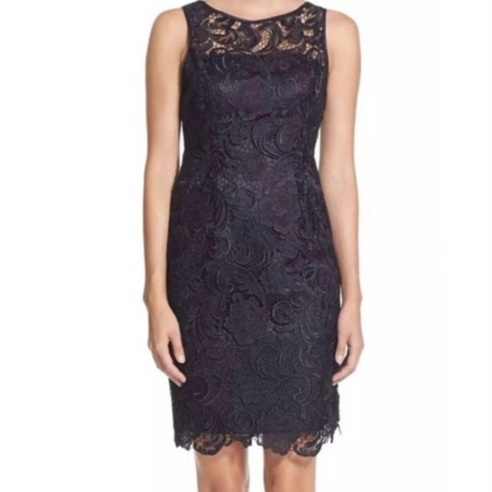 Adrianna Papell, Illusion Bodice Lace Sheath Dress, Midnight Blue Women's 4