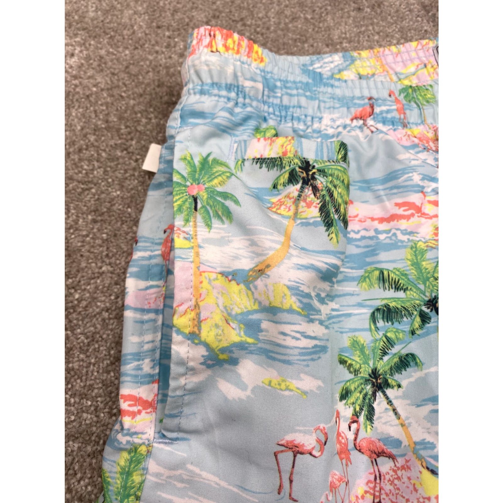 Vintage NWT Free Planet Flamingo Surf Swim Trunks Mens M Lt Blue Tropical Island Beach Size US 31 - 6 Thumbnail