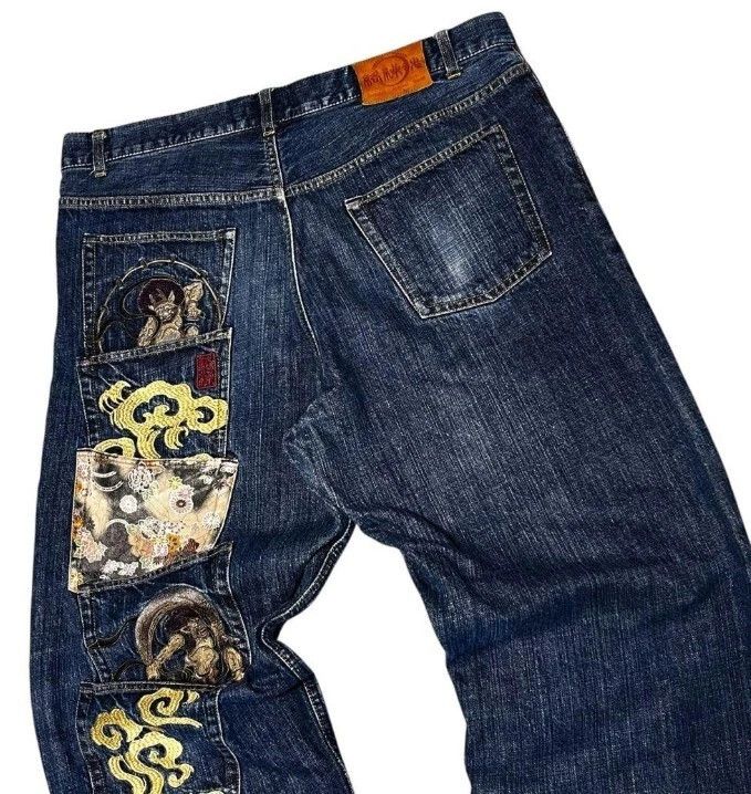 Karakuri Tamashii Karakuri Tamashii Wind Thunder Gods Embroidered Denim Jeans Size US 40 / EU 56 - 2 Thumbnail
