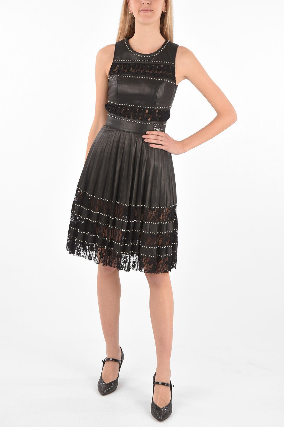 Philipp Plein og1mm0824 Studded Leather Dress With Pleated Skirt in Black Size S / US 4 / IT 40 - 1 Thumbnail