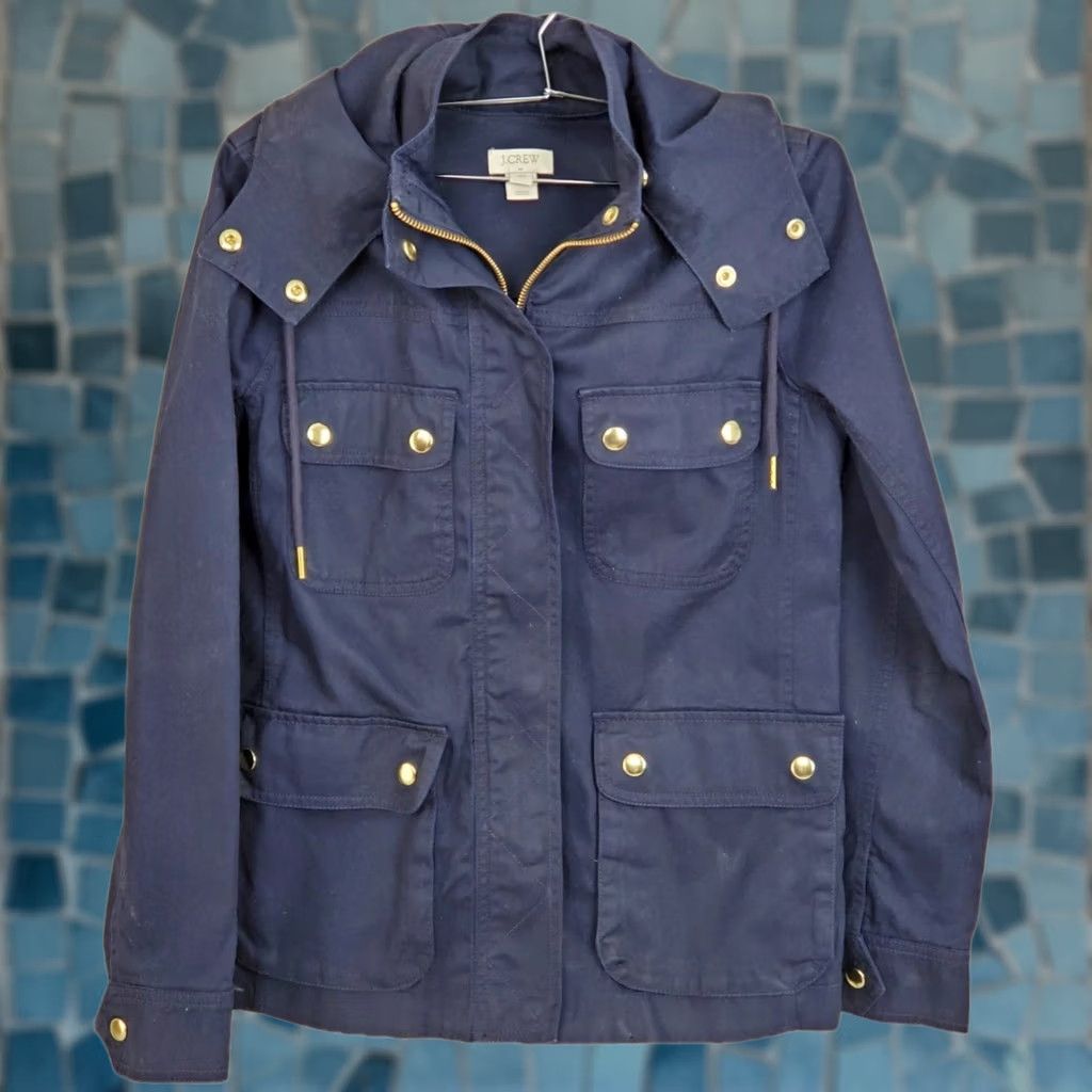 J.Crew J. Crew Utility Jacket Blue Resin-Coated Twill Hooded Field Womens XS Size XXS / US 00 / IT 34 - 1 Thumbnail