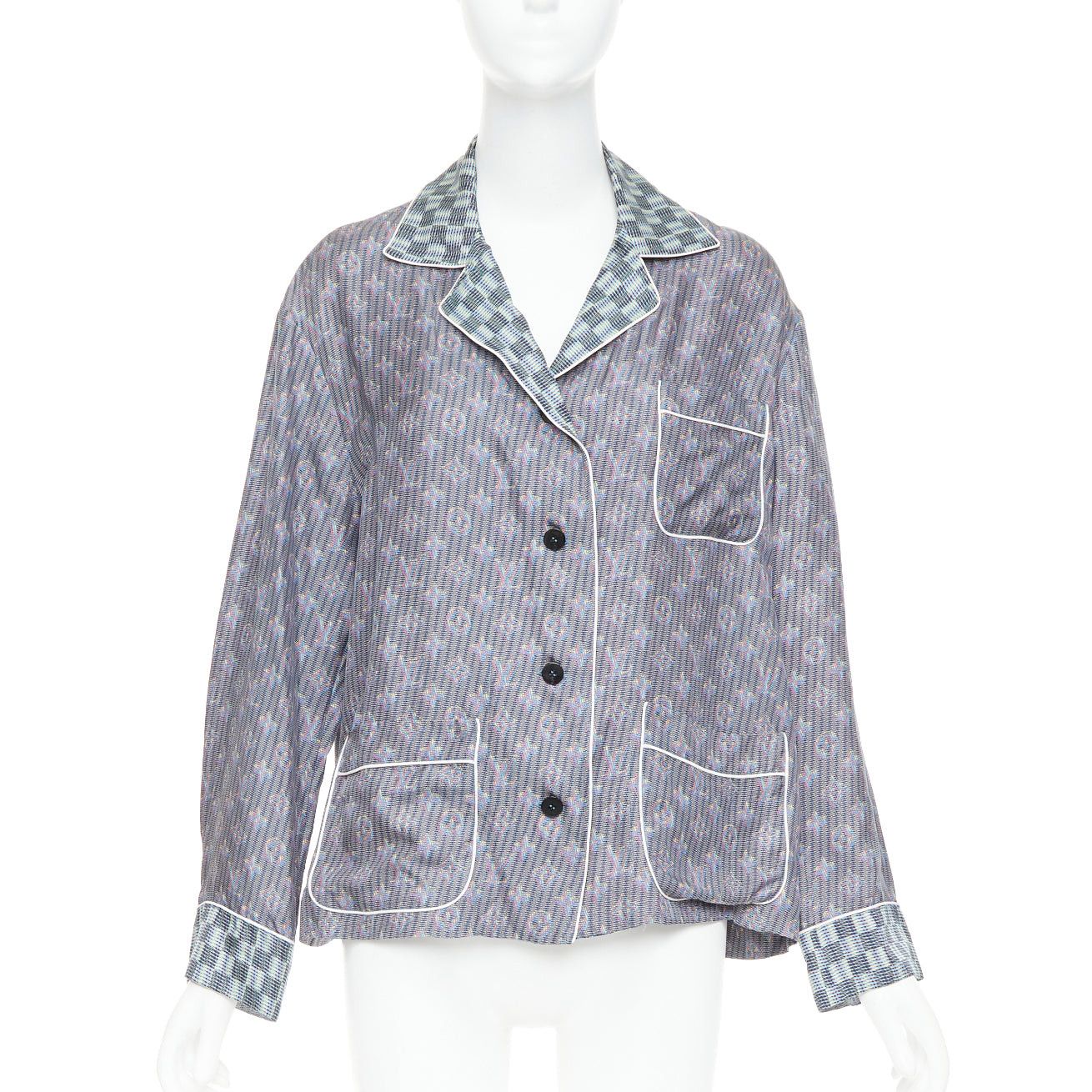 Louis Vuitton LOUIS VUITTON 100% silk purple green Damier Check Jacquard monogram pajama shirt FR36 S Size S / US 4 / IT 40 - 1 Thumbnail