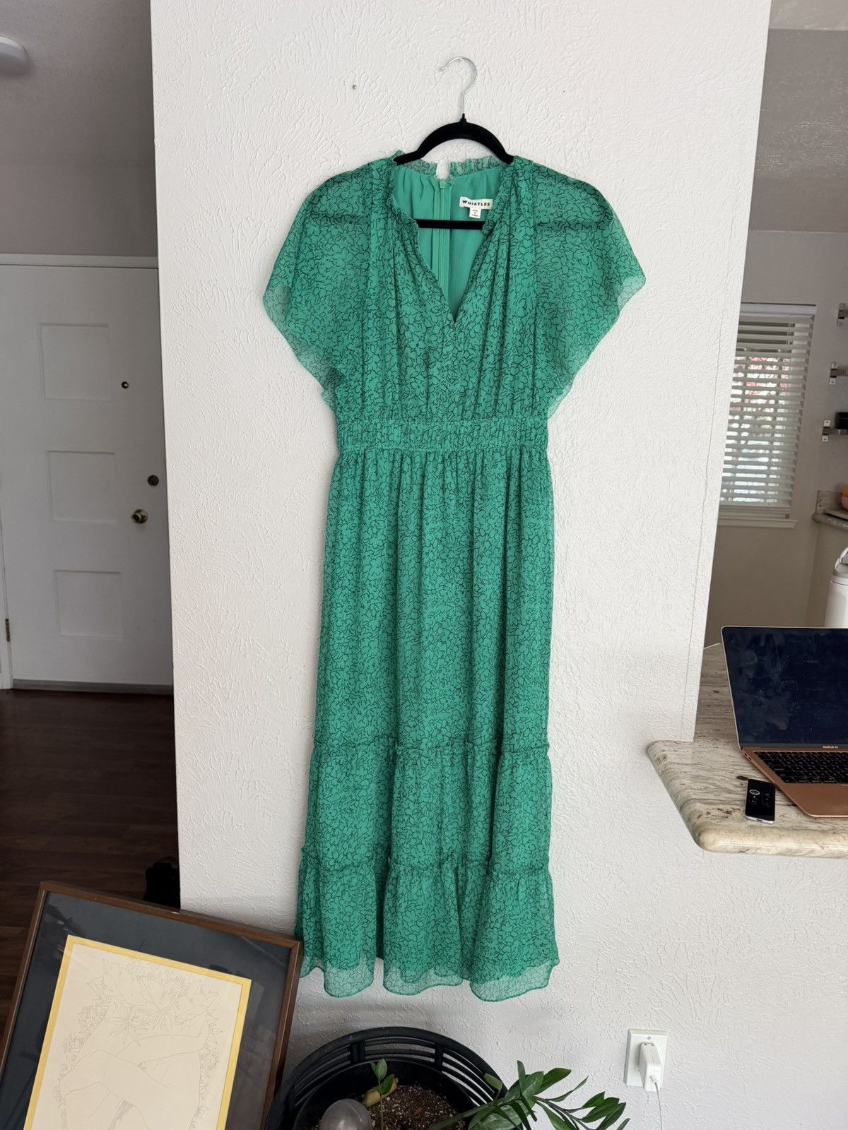 Whistles Green Sketched Floral Frill tiered Dress 4