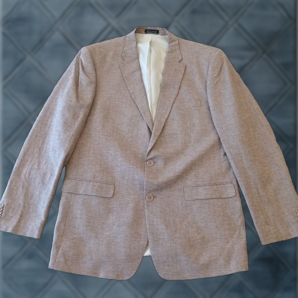 Tommy Hilfiger Tommy Hilfiger Blazer Mens 44 Long Beige Herringbone Two-Button Double-Vented Notch Lapel Long Jacket Coat Size 44R - 1 Thumbnail