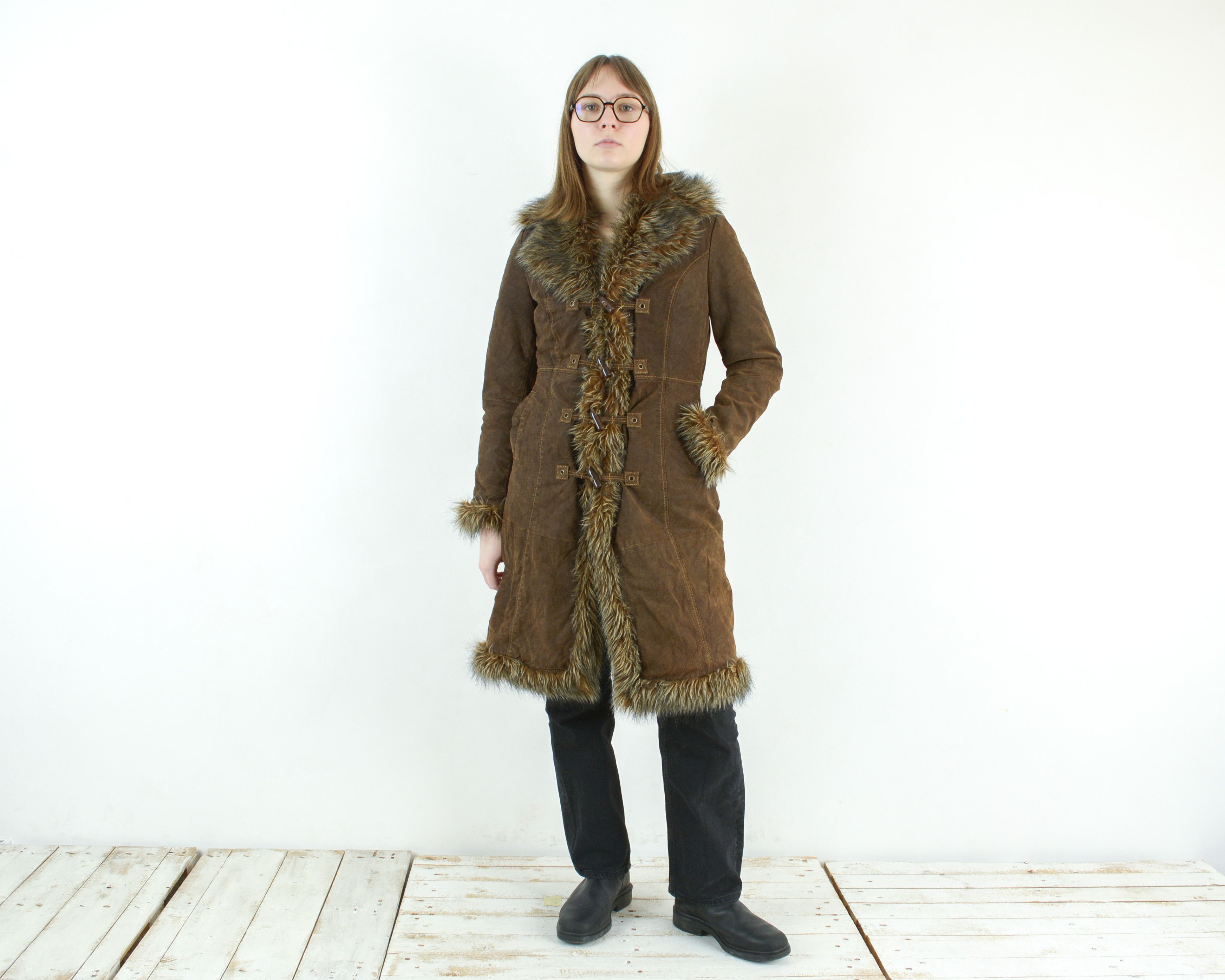 image of Authentic Clothing Suede Afghan Duffle Coat Genuine Leather in Brown, Women's (Size Small)