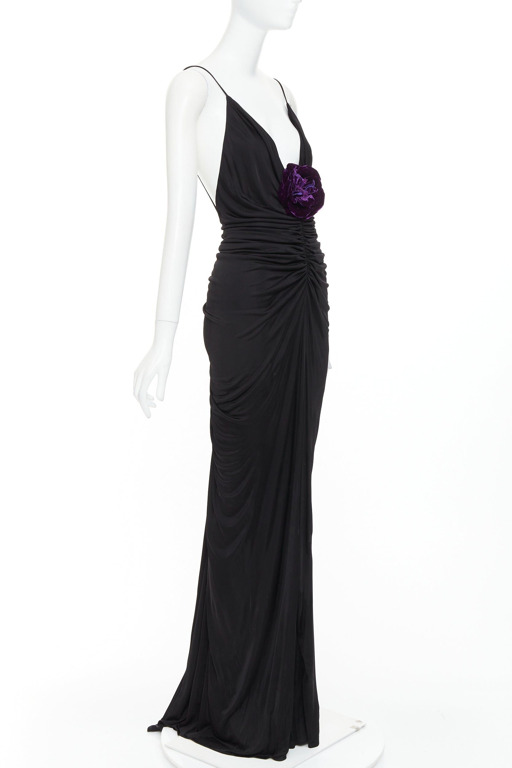 Saint Laurent Paris rare SAINT LAURENT 2022 Runway purple Wild Rose applique ruched plunge dress gown XS Size S / US 4 / IT 40 - 1 Thumbnail