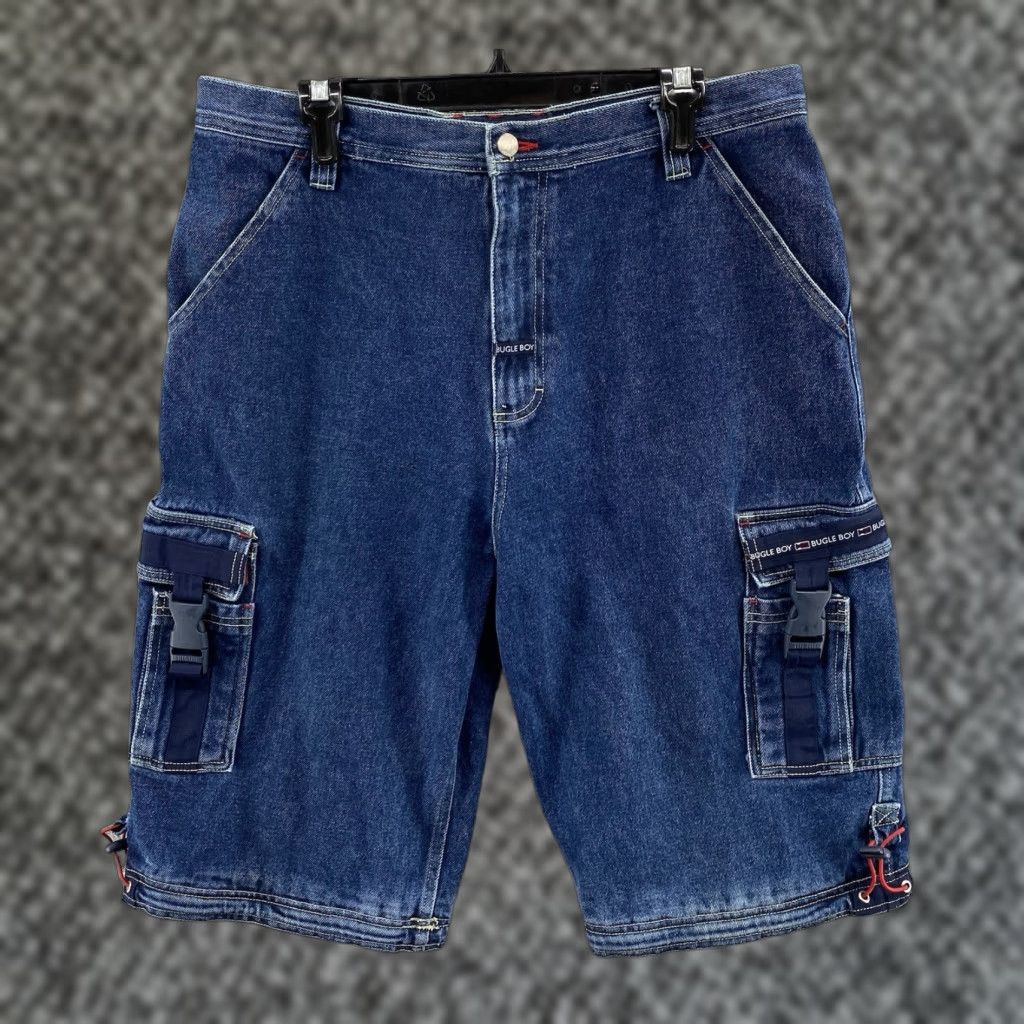 VINTAGE Bugle Boy Shorts Men 36 Blue Cargo Denim Y2K 90s Casual Baggy