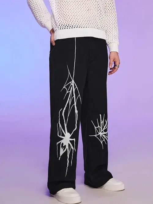 image of Vintage Retro Punk Pants Black Denim Spider Web Print, Men's (Size 32)