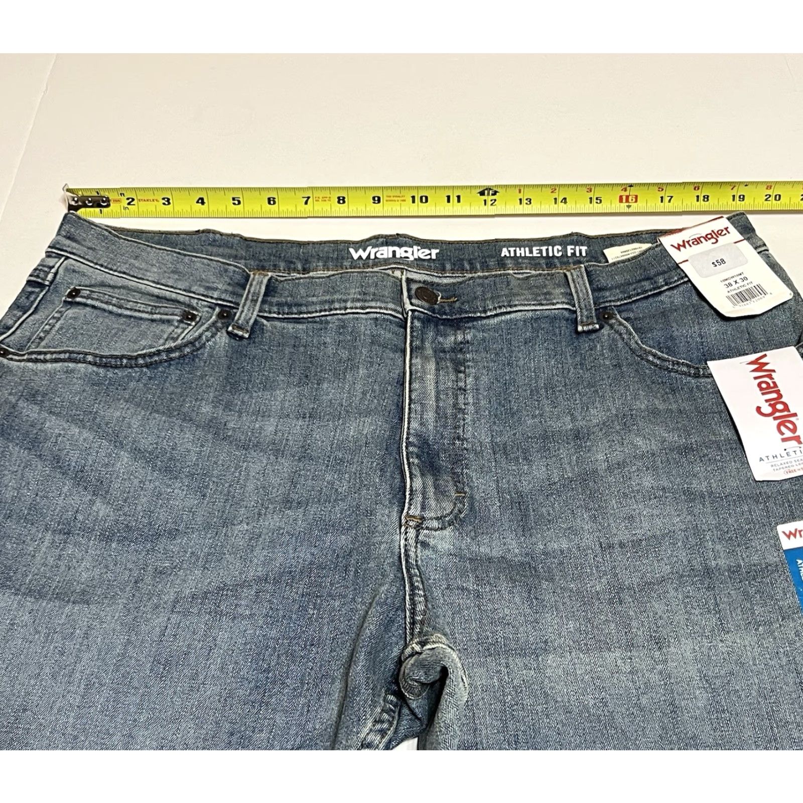 Wrangler Wrangler Athletic Fit Jeans Mens 38x30 Blue Denim 5-Pocket Zip Logo NWT Ridge Cowboy Casual Tapered Stretch Cotton Blend Jeans Shirt? Size US 38 / EU 54 - 3 Thumbnail