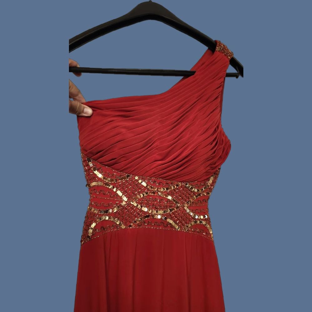 Betsy & Adam Dress Womens 2 One Shoulder Beaded Sequin Red Gown Evening Formal Maxi Long Dress
