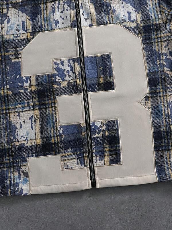 Japanese Brand Washed Plaid Zip-Up Jacket with Large Number Patch Size US L / EU 52-54 / 3 - 4 Thumbnail