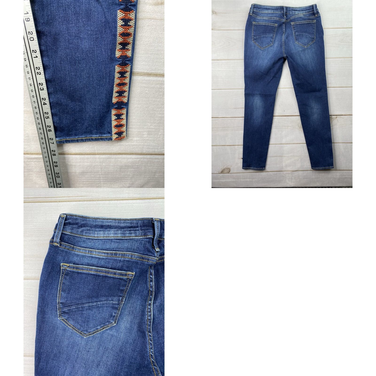 Vintage Driftwood Jackie High Rise Jeans Womens 29 Aztec Embroidered Skinny Stretch Denim Jeans Blue Geometric Bohemian 90s style Womens Size 29" - 8 Thumbnail
