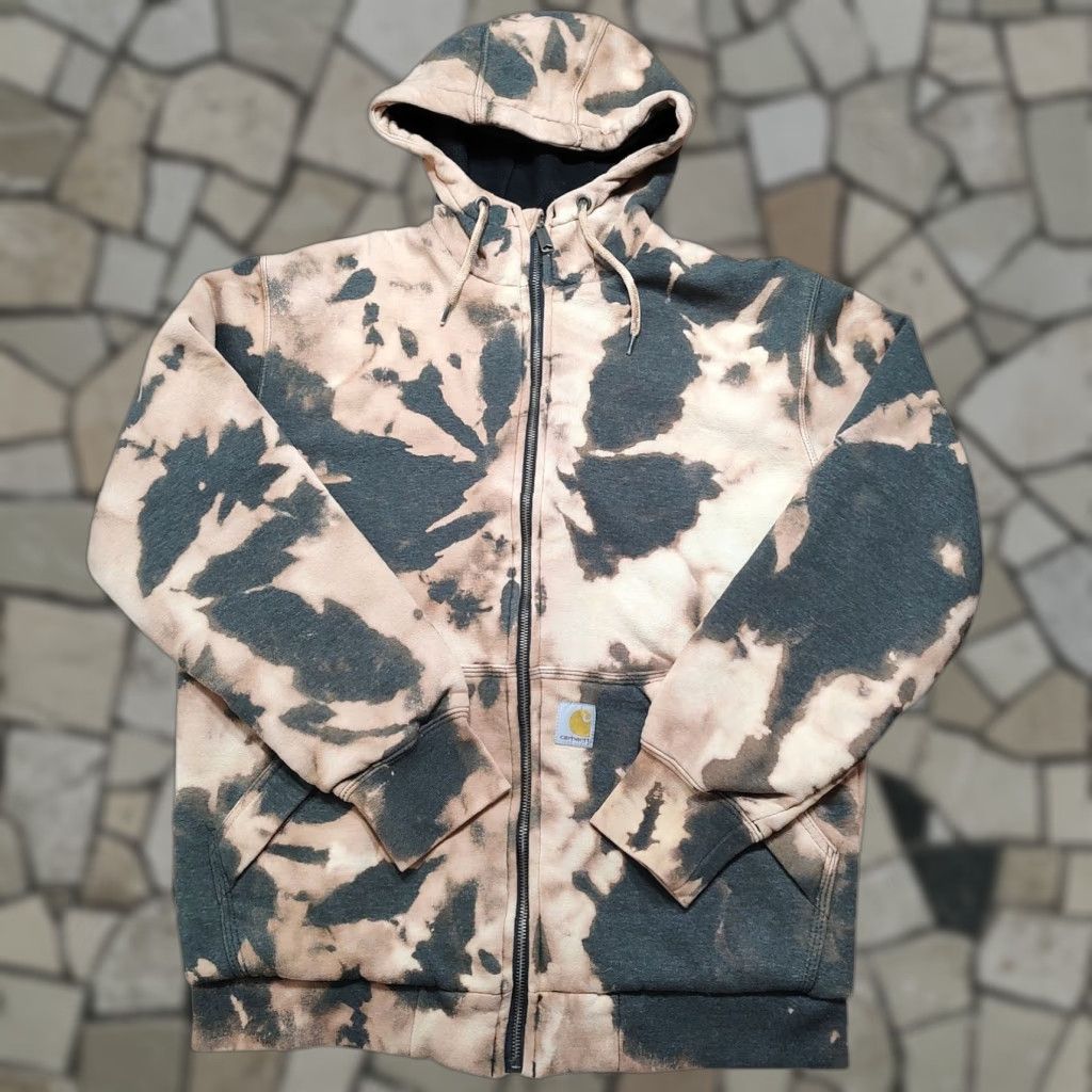 Carhartt Hoodie Full Zip Gray Lined Tie Dye Small Loose Sweatshirt 90s College Outdoor Men