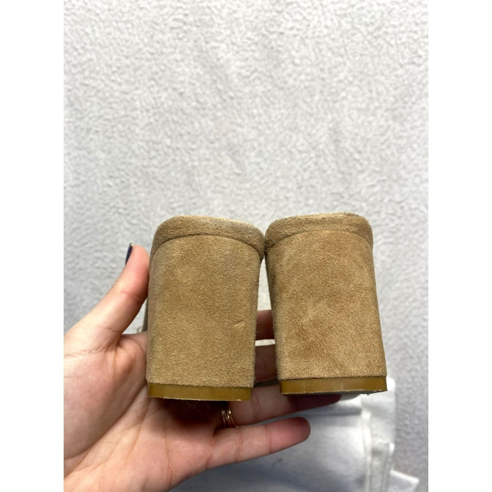 Vintage Raye Block Heel Mule Sandals Womens 8.5 Clear Tan Suede Slip-On Open Toe Brown 3-inch #5844 Size US 9 / IT 39 - 5 Thumbnail