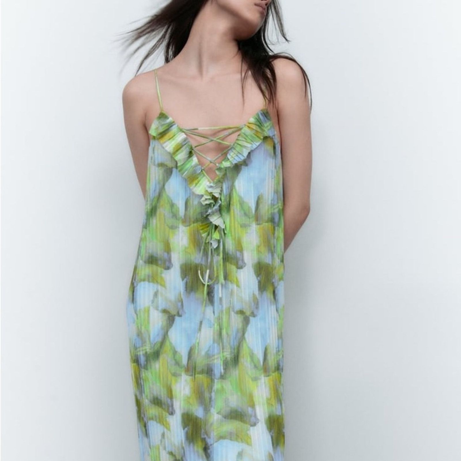 Zara ZARA PRINTED TULLE DRESS BLUE / GREEN Size M / US 6-8 / IT 42-44 - 8 Thumbnail