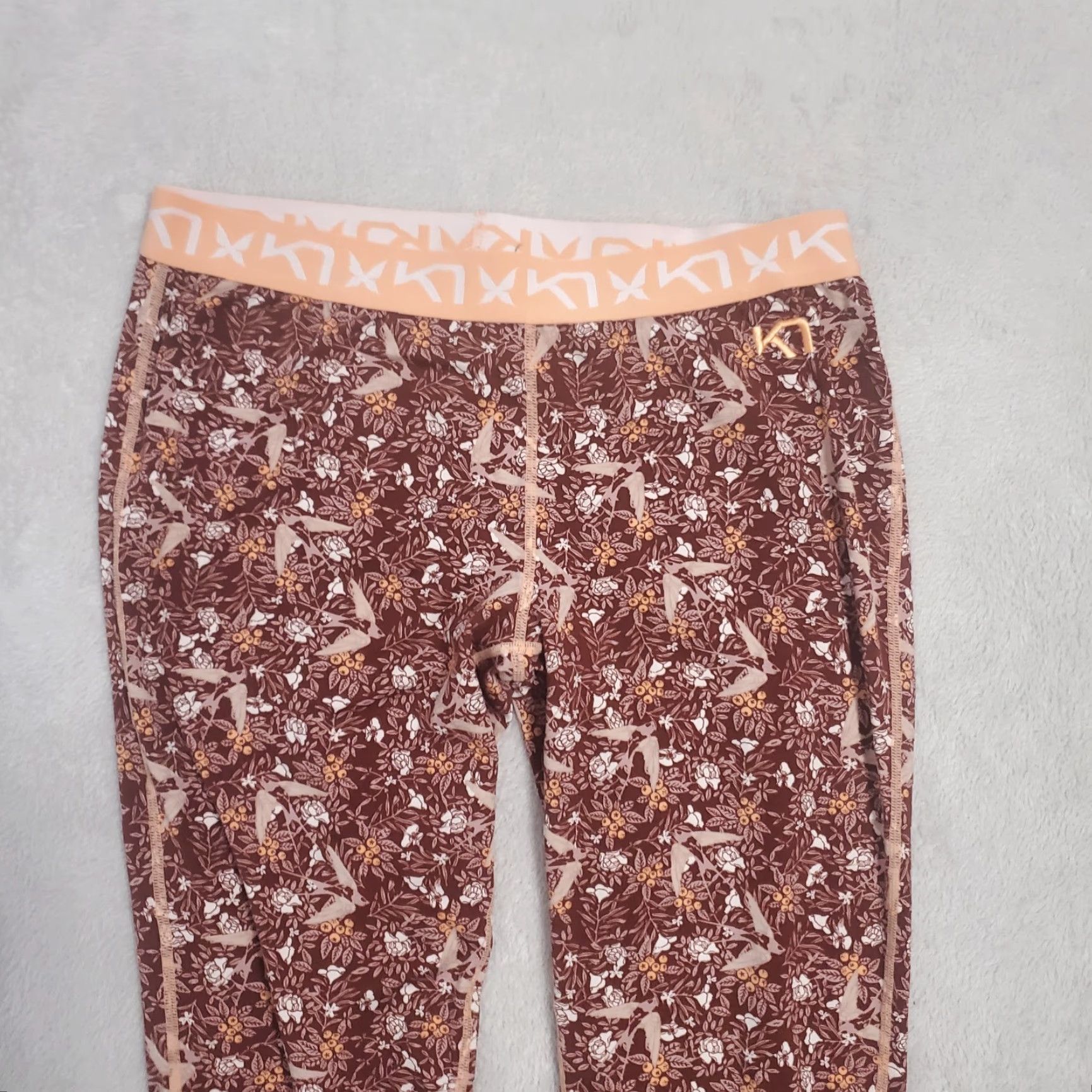 Vintage Kari Traa Base Layer FRYD Pant Women M Burgundy Peach Bird Floral Print Leggings Size 32" / US 10 / IT 46 - 3 Thumbnail
