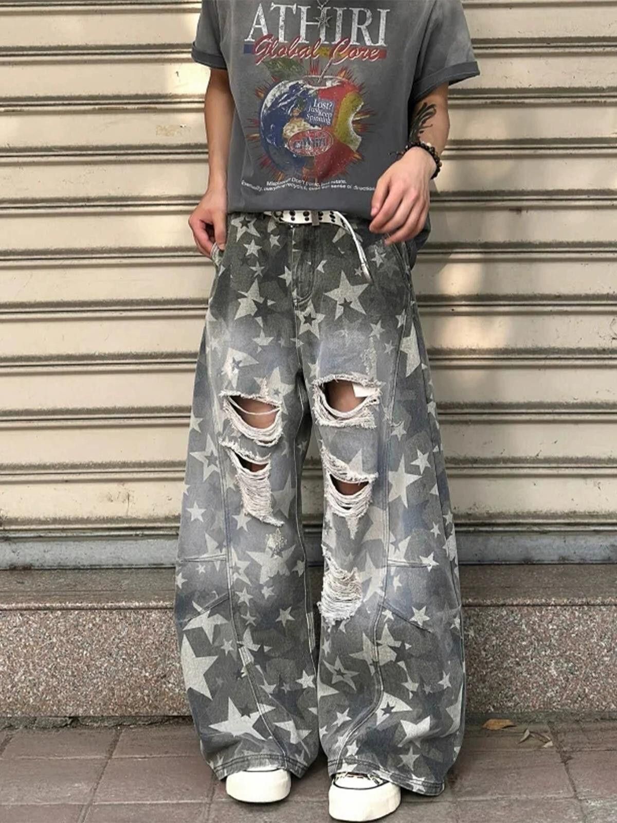 Jean Gray Distressed Star Print Wide Leg Jeans, Baggy Fit Size US 28 / EU 44 - 1 Thumbnail