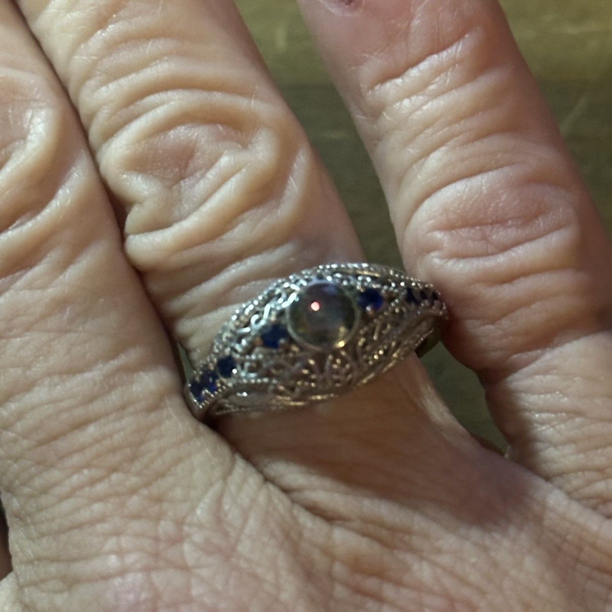 Vintage Vintage silver tone AB and blue rhinestone filigree ring Size ONE SIZE - 3 Thumbnail