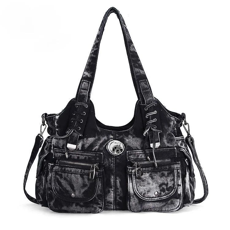 Y2K Casual Denim Tote Bag Hobo Bag With Pockets in Grey, Women's