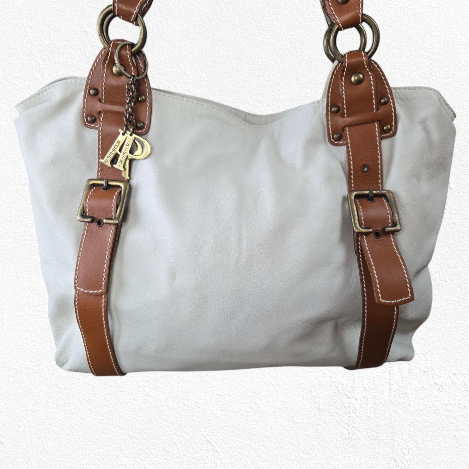 Vintage Y2K White Tan Pebbled Leather Tote Shoulder Bag Size ONE SIZE - 3 Thumbnail