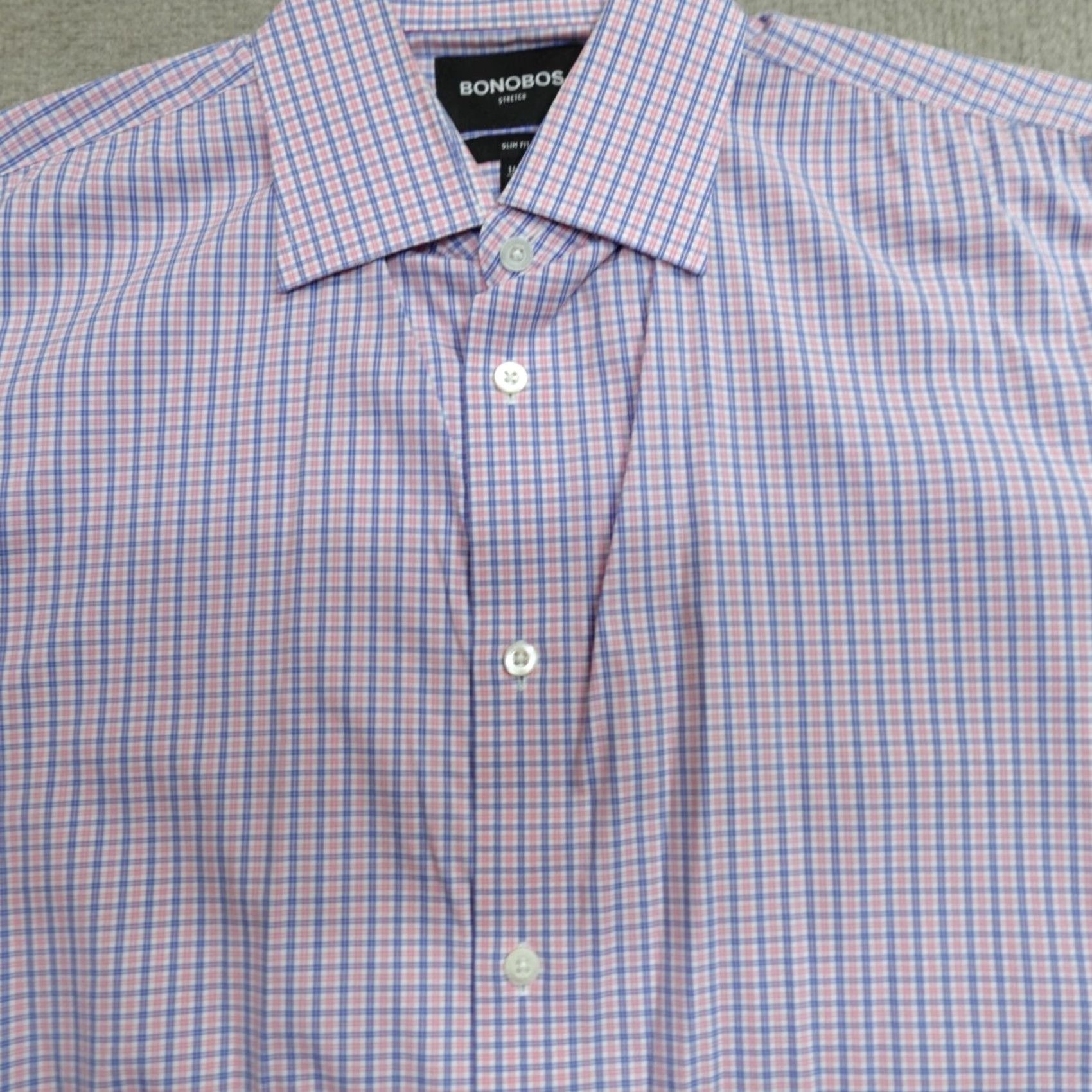 Bonobos Bonobos Shirt Large 16.5 Pink Blue Plaid Slim Fit Cotton Blend Stretch Shirt Mens Button-Up Long Sleeve Collared Size US L / EU 52-54 / 3 - 2 Thumbnail
