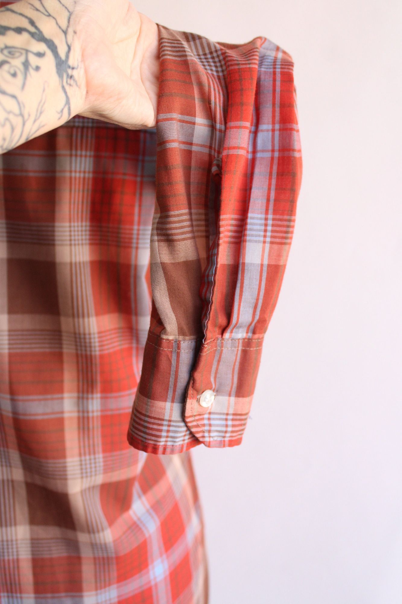 Vintage Vintage 1970s Shirt, Viking Dagger Collar Orange Plaid Trata Size L / US 10 / IT 46 - 10 Thumbnail