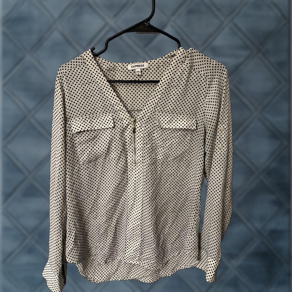 Express Express Blouse Women's White Black Polka Dot Long Sleeve 1/4 Zip Shirt Size S Size S / US 4 / IT 40 - 1 Thumbnail