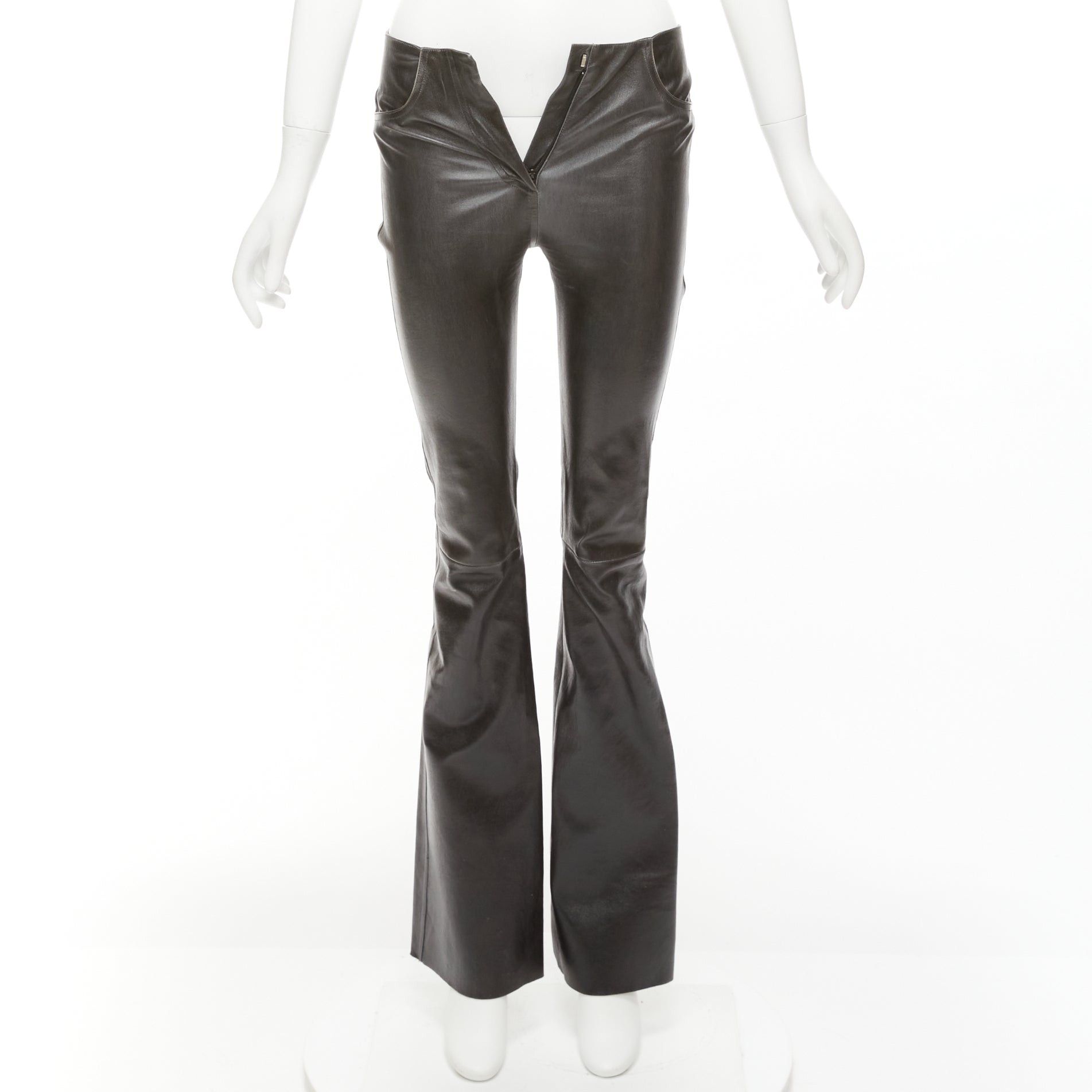 image of Jitrois Black Lambskin Leather Cotton Blend Lined Patchwork Flare Pants It34 Xxs, Women's (Size 24)