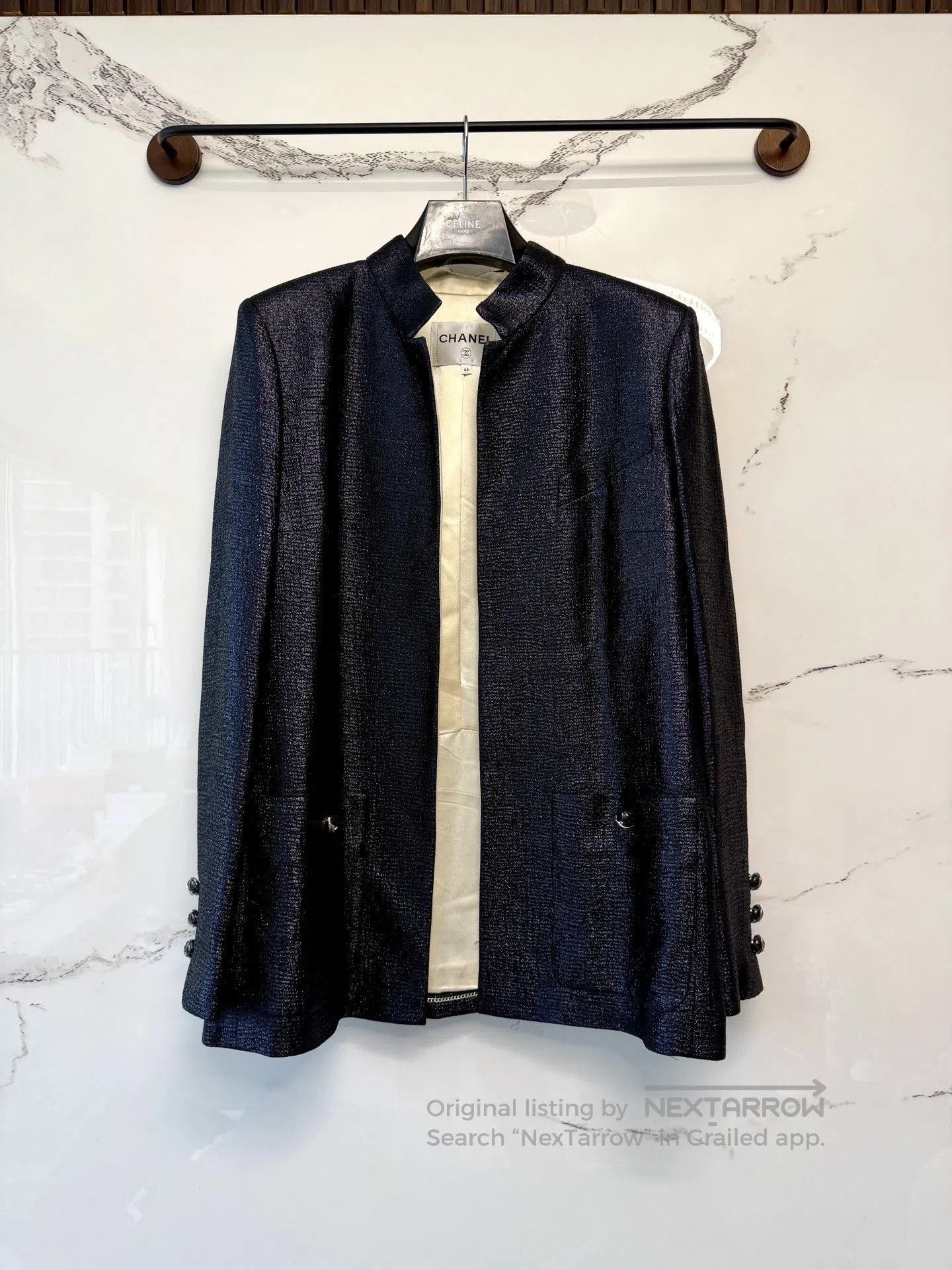 black silk stand collar jacket.