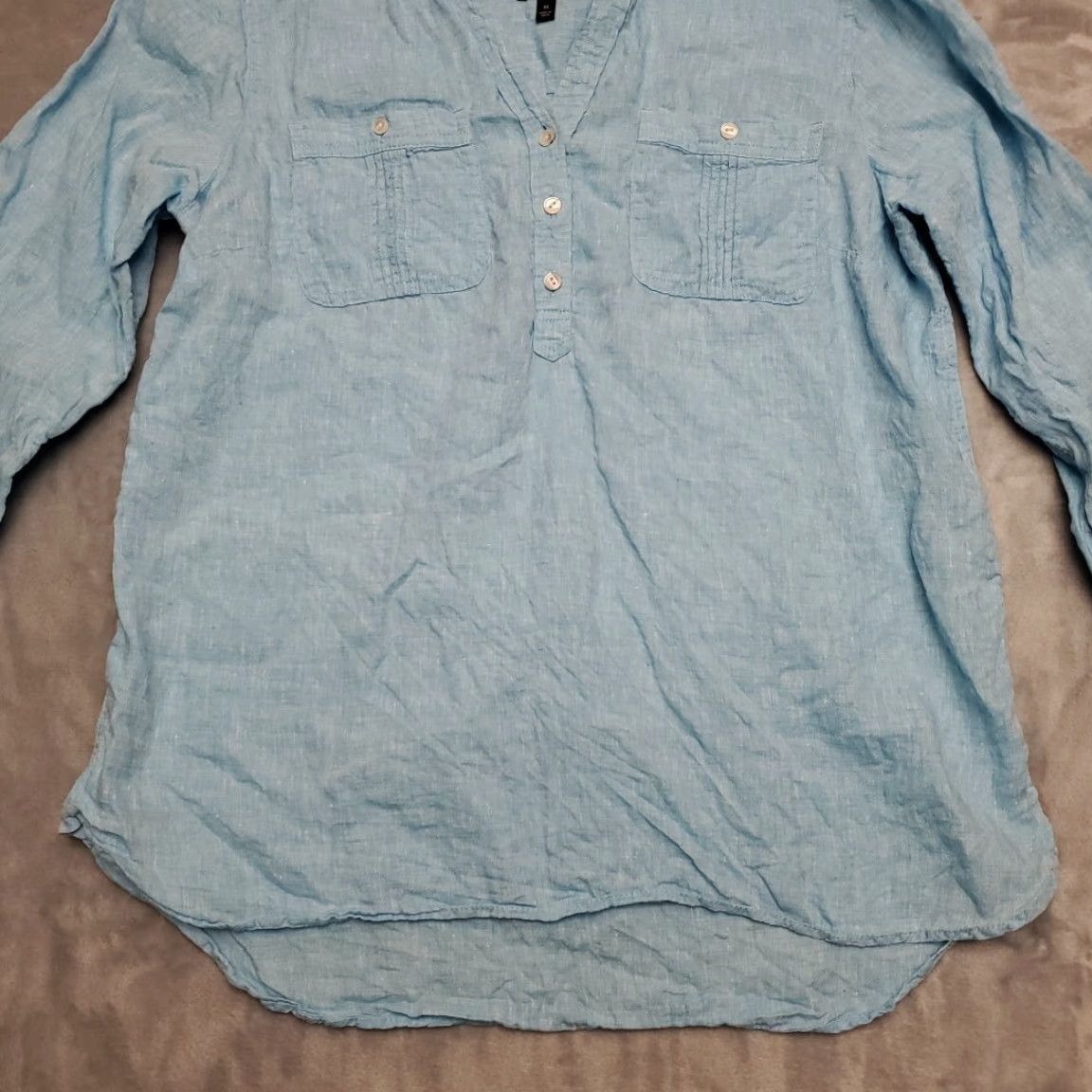 Talbots VINTAGE Talbots Shirt Womens M Blue Linen Band Collar Henley Beach Coastal Top Size M / US 6-8 / IT 42-44 - 2 Thumbnail