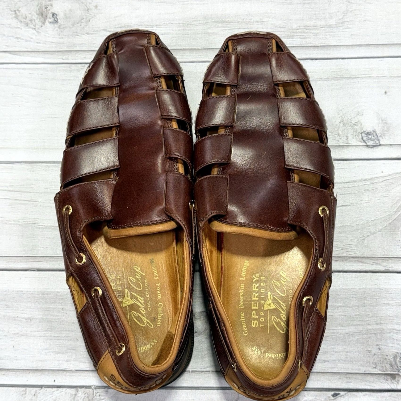 Sperry Sperry Top Sider Gold Cup Fisherman Sandals Mens 10.5 Leather Deerskin Vibram Brown Slp-On Size US L / EU 52-54 / 3 - 3 Thumbnail